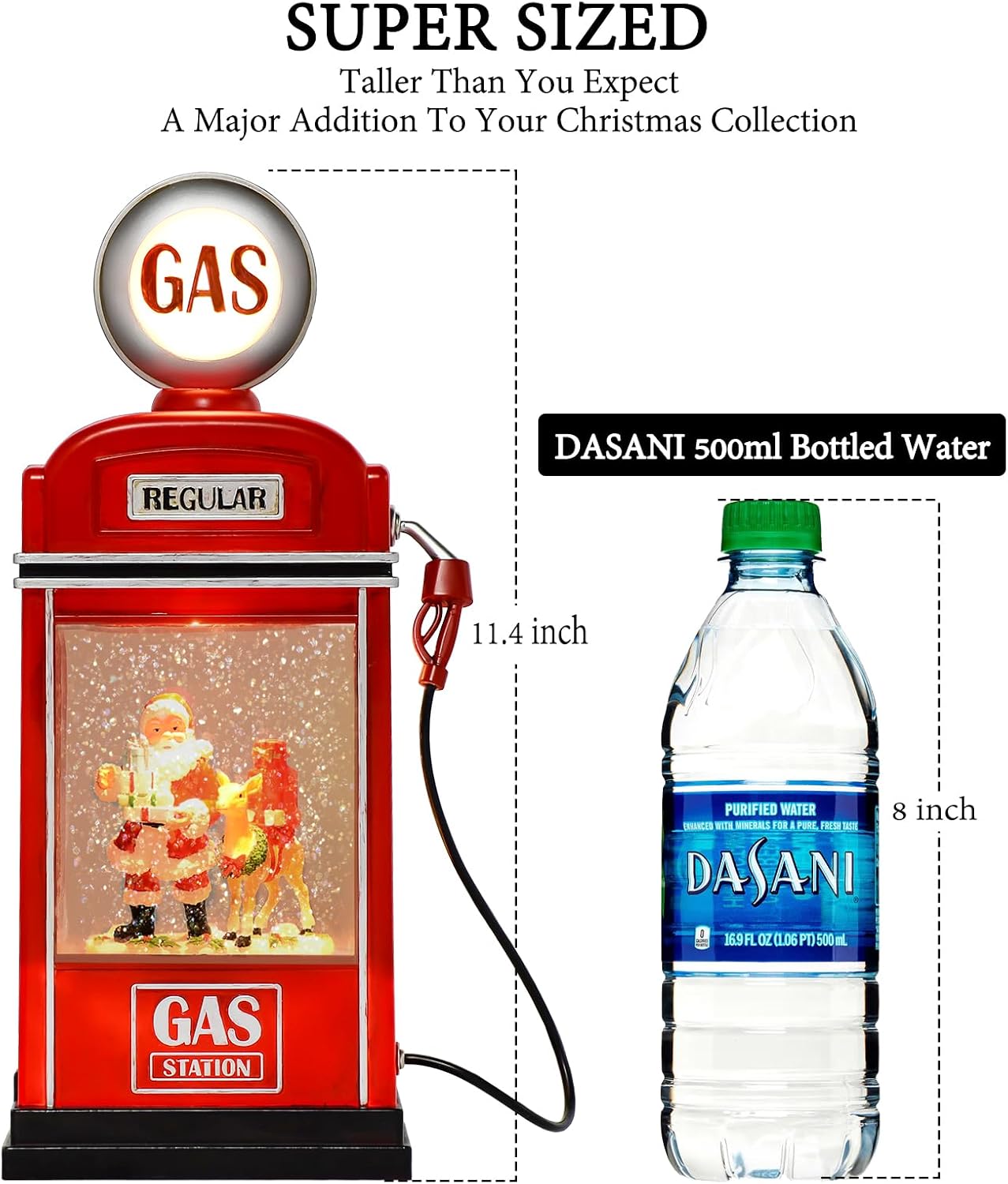 Large Christmas Snow Globes Christmas Lantern, 11.5" Lighted Electric Snowglobes with 8 Songs 6H Timer Dual Power, Santa Gas Station Christmas Ornaments Snow Globe for Kids Adults, Gifts for Men Women