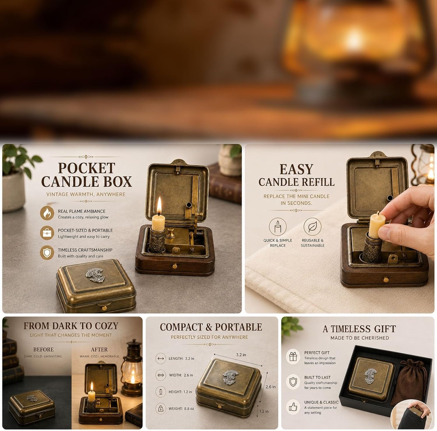 Mechanical Candle Box, Vintage Pocket Lighter & Candle Holder with Snuffer, Antique Brass Wind-Up Travel Candle Vault for Desk Decor, Camping, Collectors