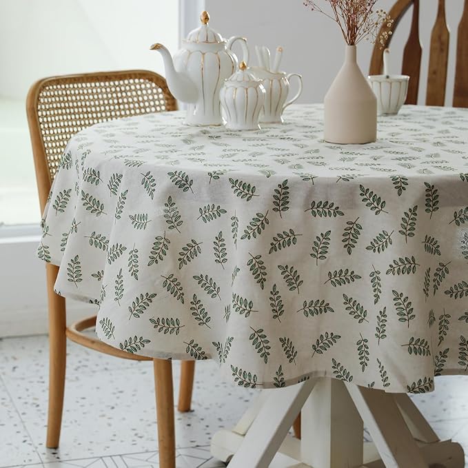 Pastoral Round Tablecloth - 60 Inch Dia. - Beige Linen Table Cloth - Washable Table Cover with Dust-Proof Wrinkle Resistant for Restaurant, Picnic, Bistro, Indoor and Outdoor Dining, Green Leaf