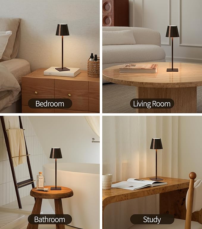 UME 3 Pack Cordless Table Lamp, Battery Operated Lamp - Portable Waterproof Rechargeable Table Lamp w/ 3 Color Temps & Stepless Dimming for Dinner, Desk, Cafe, Outdoor (Brushed Bronze | Coffee Tonal)
