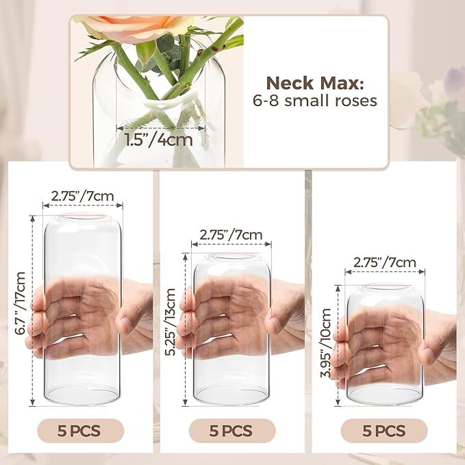 ComSaf Small Flower Vase Set of 15, Glass Bud Vases in Bulk, Clear Vases for Flower, Decor Centerpiece for Bathroom, Decorative Vases for House Warming, Valentines' Day, Mother's Day, Thanksgiving Day