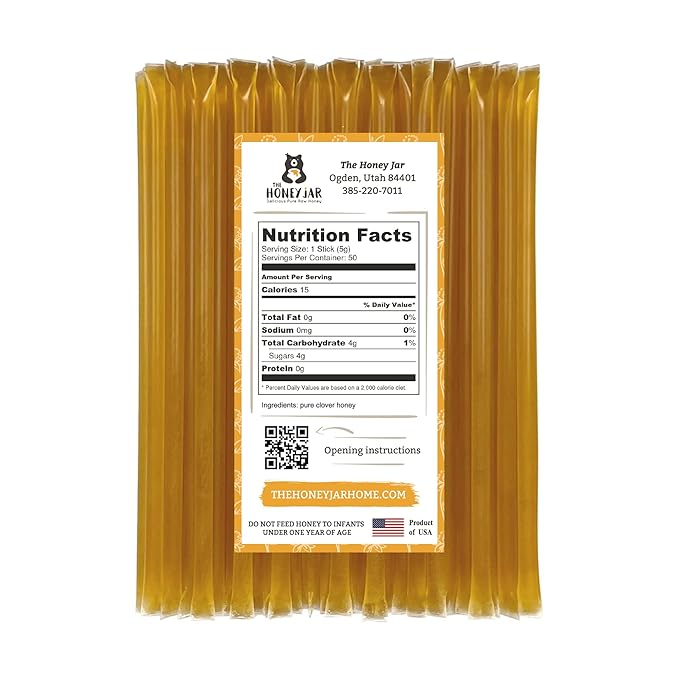 The Honey Jar Plain Honey Sticks - Pure Honey Straws For Tea, Coffee, or a Healthy Treat - One Teaspoon of Flavored Honey Per Stick - Made In The USA with Real Honey - (50 Count)