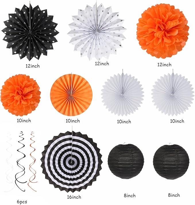 Black White Orange Halloween Party-Decorations - 33pcs Birthday Banner,Streamers Tassel Garland,Paper Lantern Fans,Tissue Pom Poms,Bachelorette Baby Bridal Shower Graduations Backdrop Decor Hugtmr