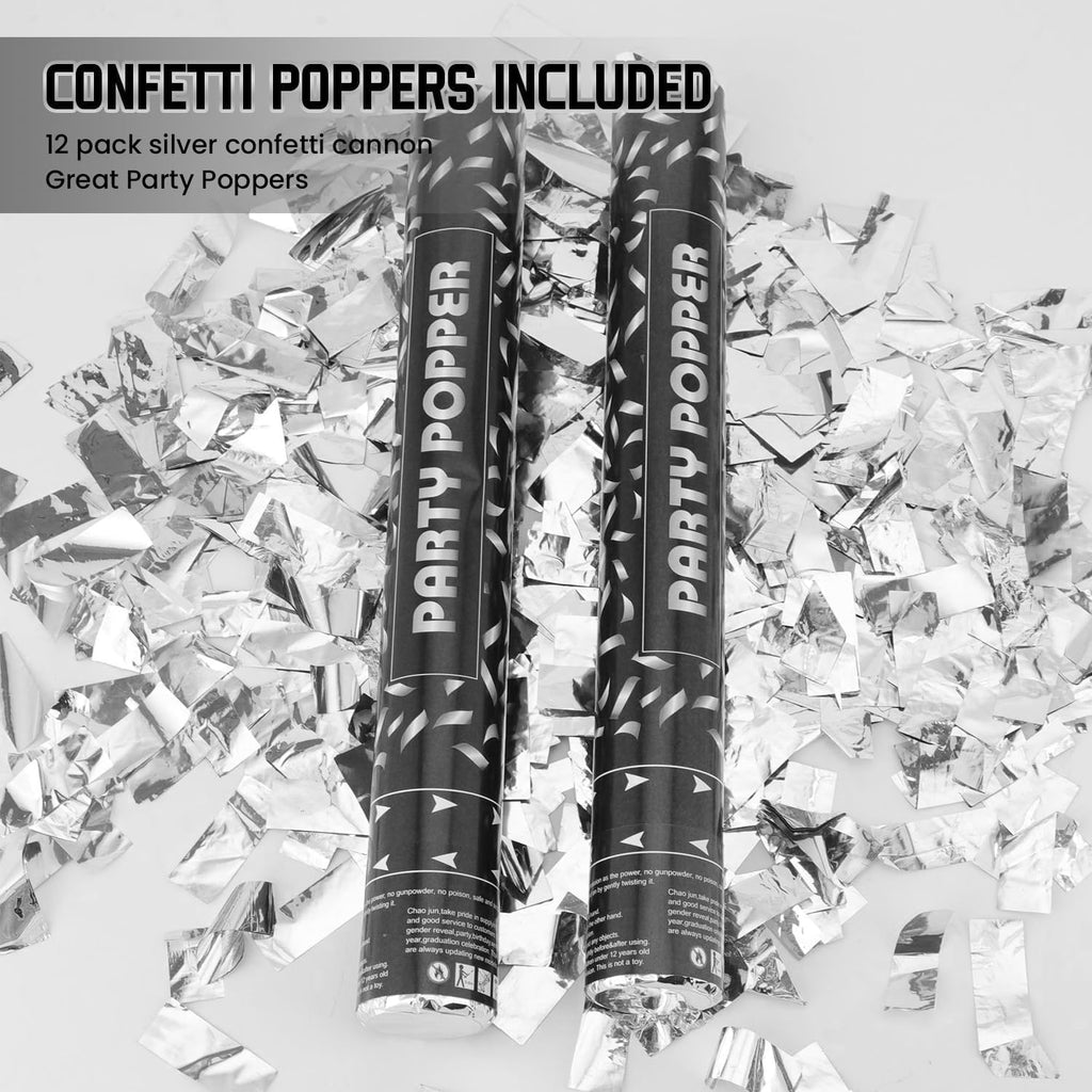 Confetti Poppers Silver Confetti Cannon 2 Pack Silver Foil Confetti 12 Inch Party Poppers for Wedding Birthday Graduation New Year’s Eve Party Decorations & Photo Props