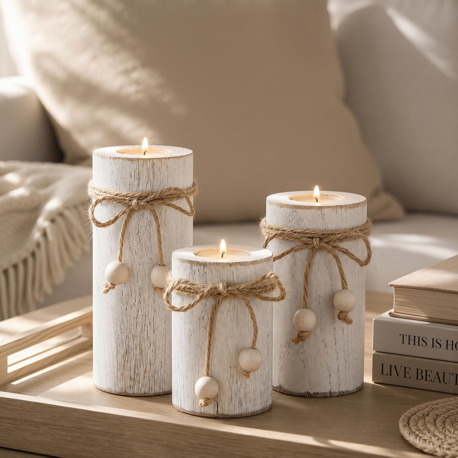 White Wooden Candle Holder with Flameless LED Candles Farmhouse Decor 3p | Farmhouse Centerpieces for Table 3-Pack With Battery Operated for Candles Holiday Party Home Decor