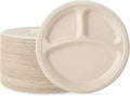 ECOLipak 125 Pack 3 Compartment Plates Disposable, 10 inch Heavy-Duty Compostable Paper Plates Made of Eco-Friendly Sugar Cane Fibers