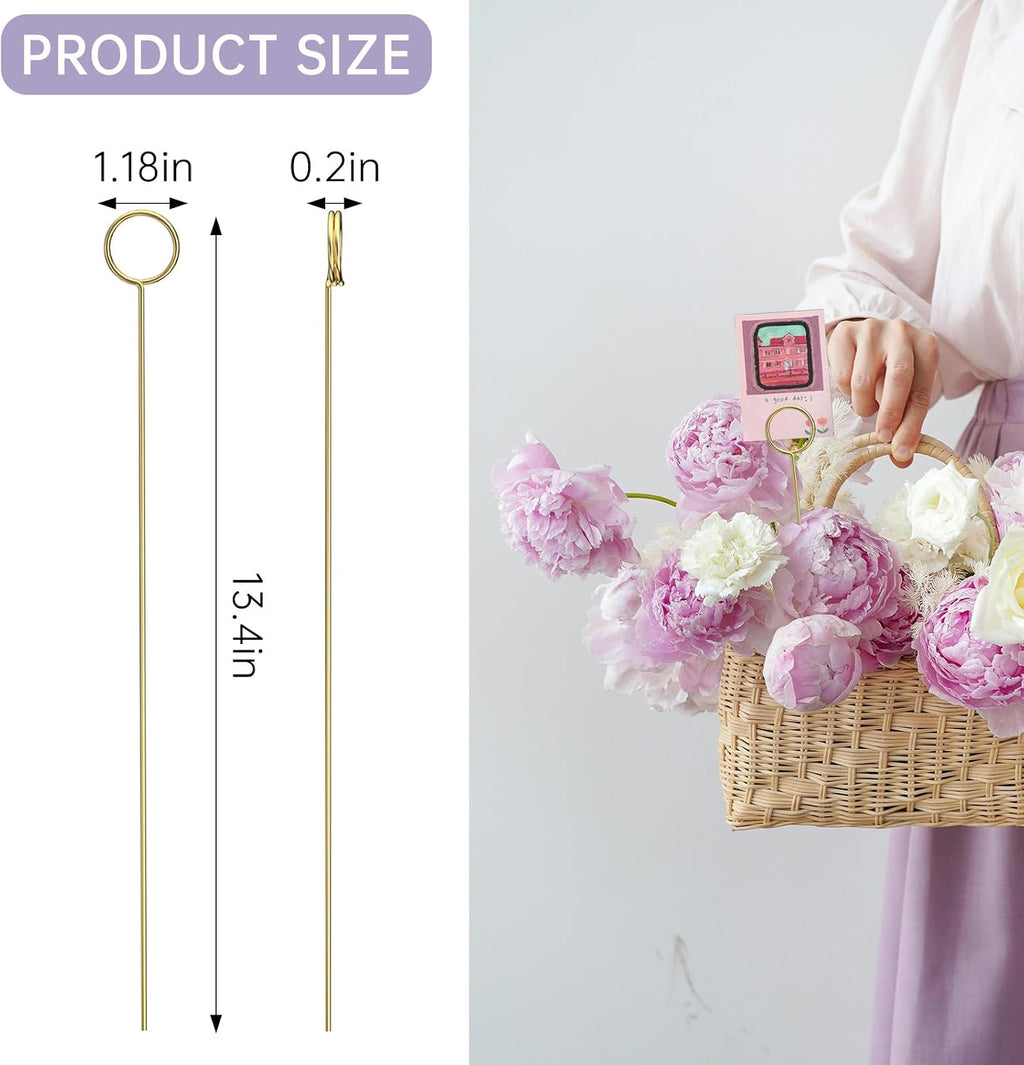 30 Pack Strong Grip Gold Floral Card Holder Picks (13.4 Inch) | Premium Metal Flower Picks for Table Centerpieces, Picture Holders for Table, Photo Card Holder Stick for Flower Arrangements