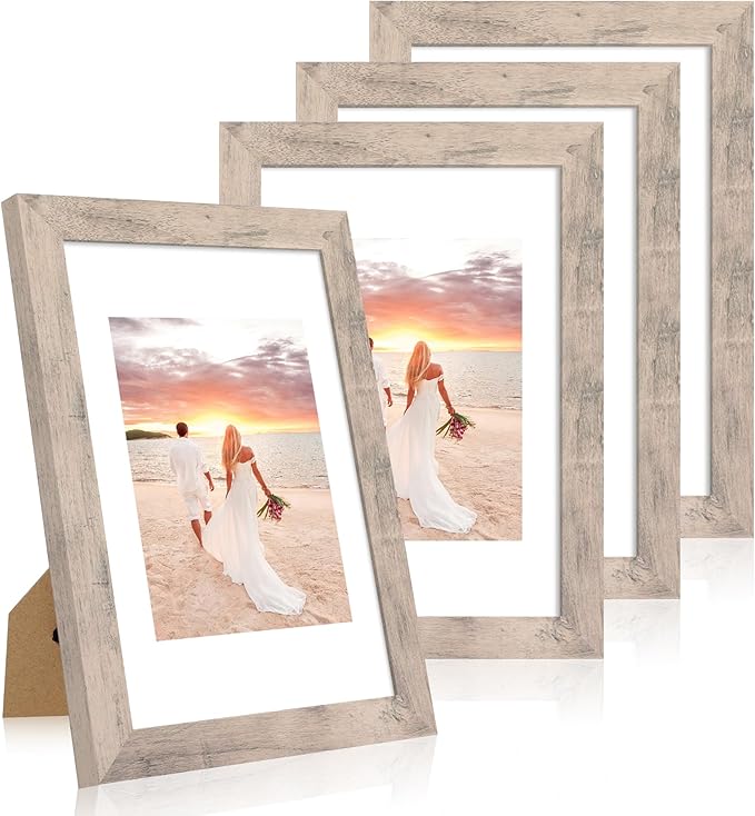 8x12 Picture Frame Set of 4 with High Definition Glass, Smoke Gray Frame Display 6x8 Picture with Mat or 8 x 12 Without Mat, Wood Rustic Photo Frames for Tabletop Display and Wall Mounting