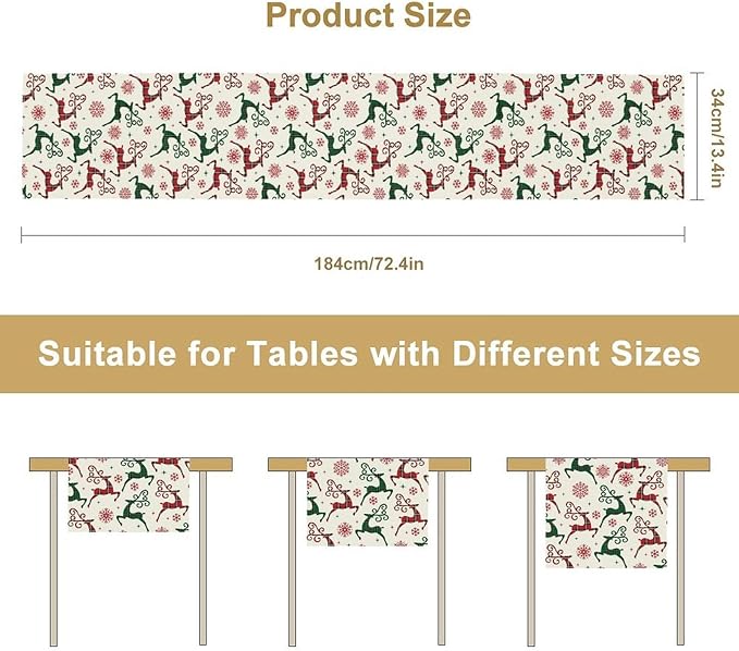 Christmas Table Runner,Christmas Plaid Deer Print Farmhouse Table Cloth Kitchen Dining Table Decoration for Home Party Decor 13x90 Inch