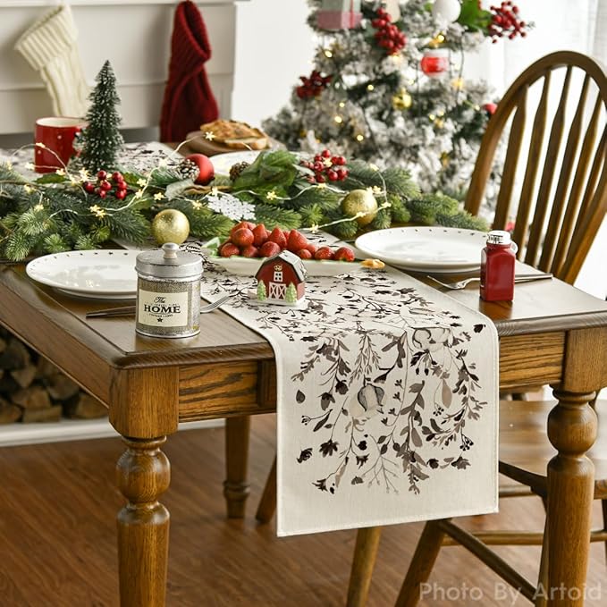 Artoid Mode Leaves and Flowers Cotton 210 GSM Winter Table Runner, Seasonal Christmas Kitchen Dining Table Decoration for Home Party Decor 13x120 Inch