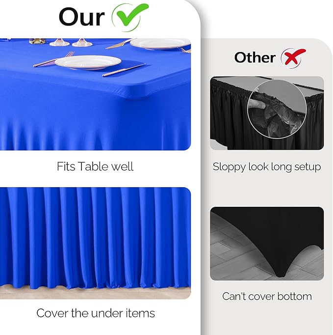 Wish Care 6 Pack Royal Blue Spandex Table Clothes for 6 Foot Rectangle Tables, 6FT Wrinkle Free Fitted Tablecloths Ruffles Design Table Cloth for Party, Banquet, Wedding and Events