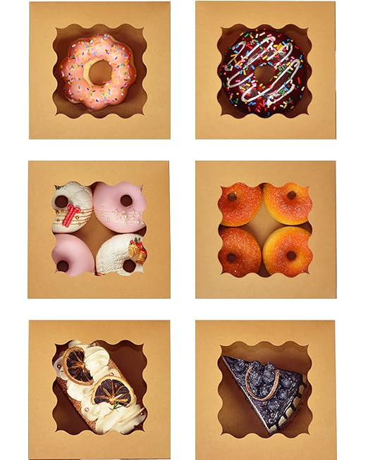 Bakepacker 100pcs Kraft Cookie Boxes 6x6x3 inches Easy Assemble Macaroon Pastry Boxes Bakery Boxes with Window for Bakery