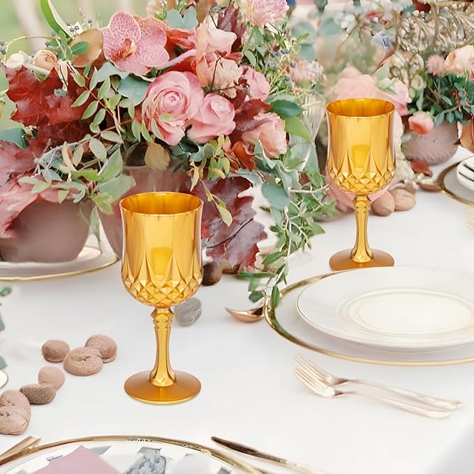 JLYLOL Plastic Vintage Wine Glasses 7OZ Plastic Goblets Vintage Drinking Glasses 48PCS Retro Wedding Glassware Water Goblets Reusable Drinking Cups for Party,Reception,Celebration,Bar,Whiskey(Amber)