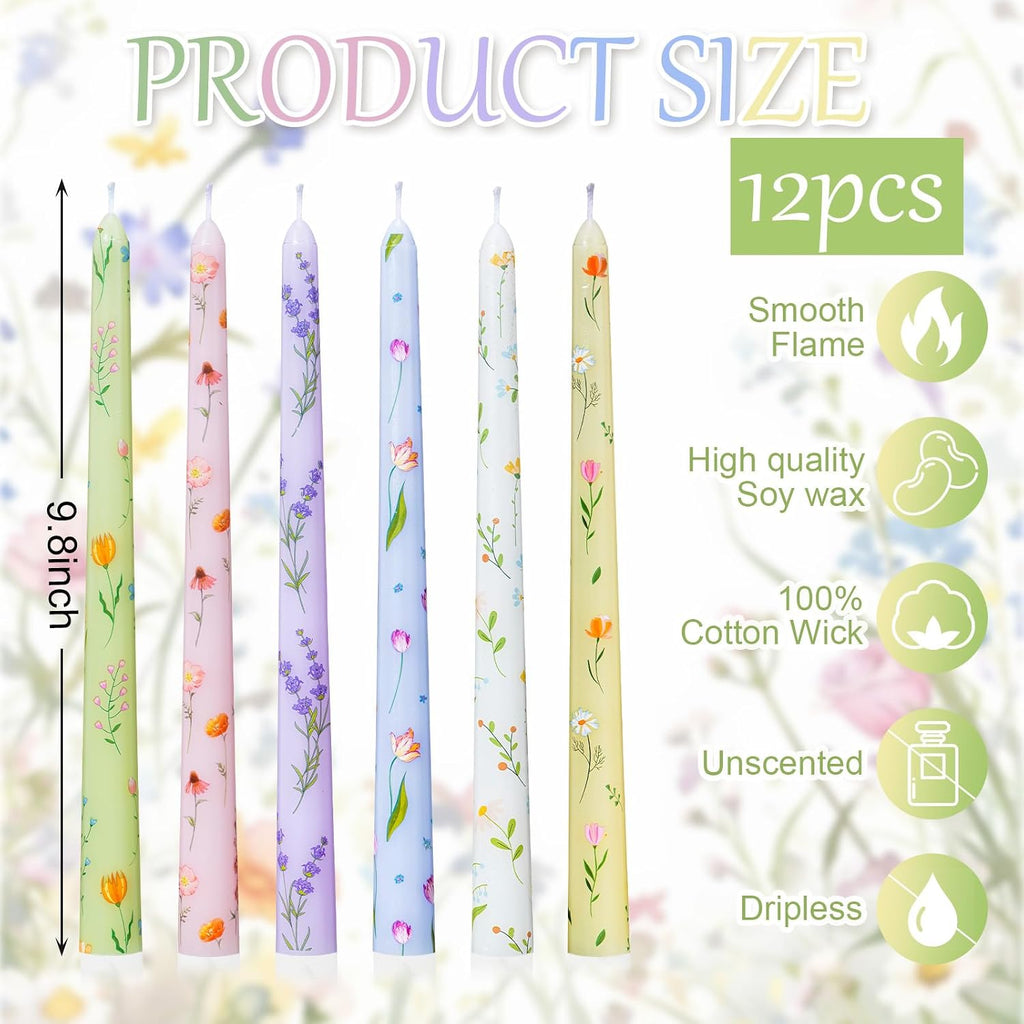 Conelist 12 Pcs 9.8" Floral Long Taper Candles Pastel Flower Candlesticks Tall Smokeless Unscented Decorative Tapered Candles Gifts for Christmas Wedding Home Dinner Party Decorations