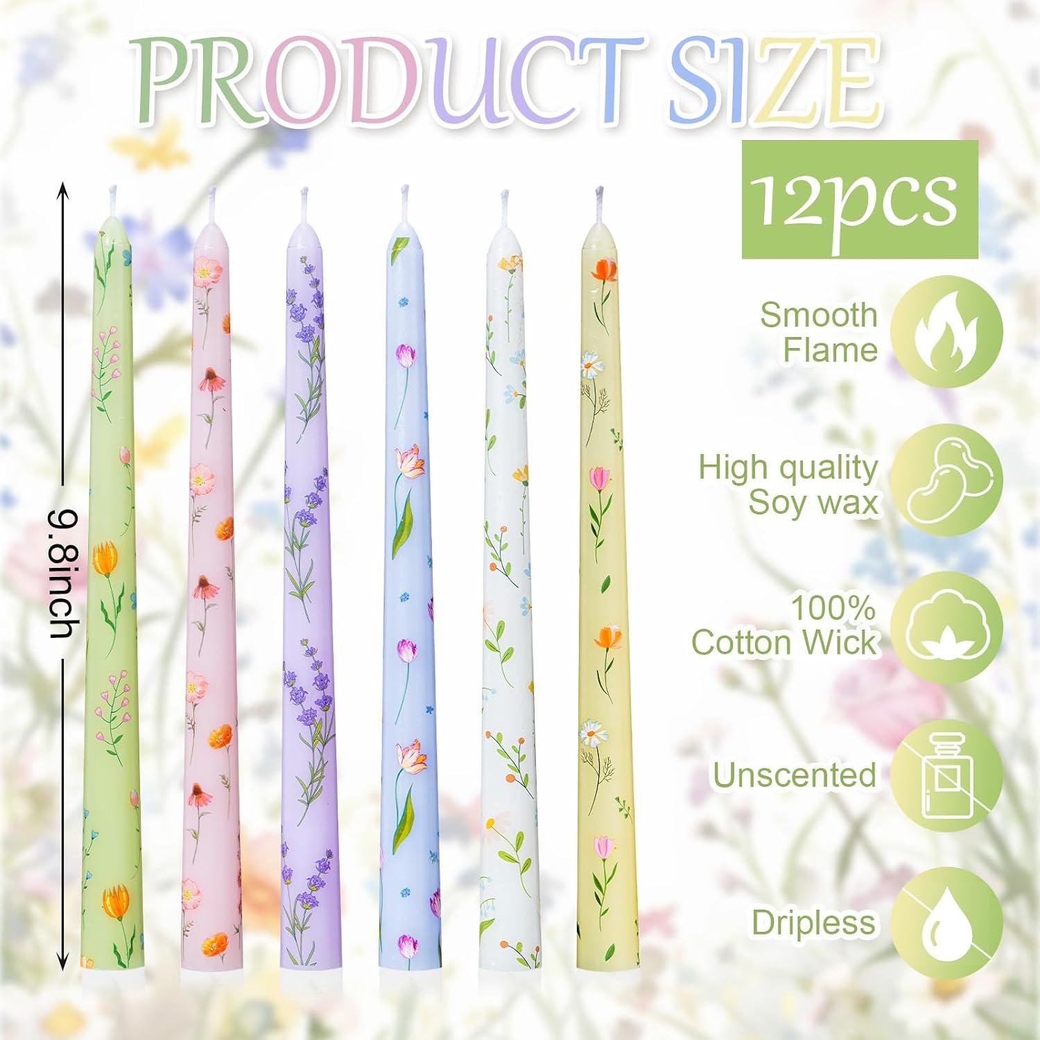 Conelist 12 Pcs 9.8" Floral Long Taper Candles Pastel Flower Candlesticks Tall Smokeless Unscented Decorative Tapered Candles Gifts for Christmas Wedding Home Dinner Party Decorations