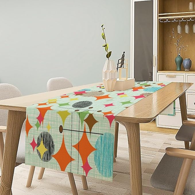Mid Century Table Runner,Abstract Retro Modern Geometric Colorful Stripe Pattern Print Tablecloth Burlap for Hotel Indoors Outdoor Dining Room Kitchen Holiday Party, 13x80in