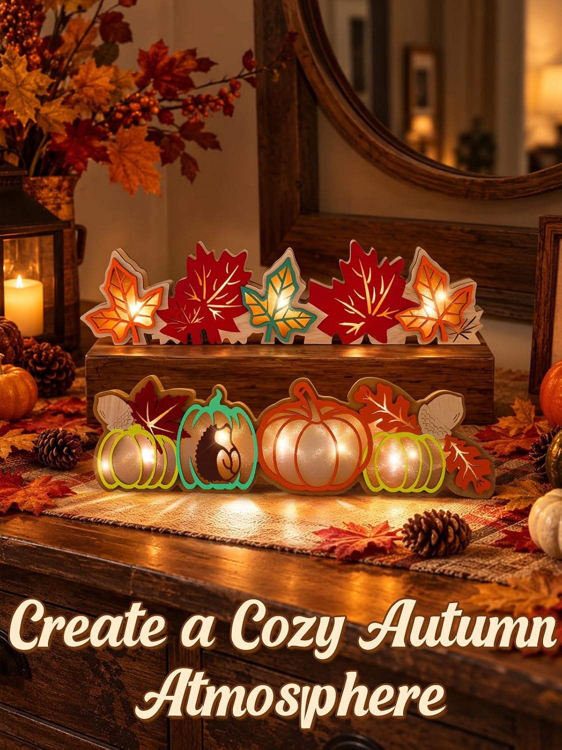 Bigmeta Lighted Wooden Pumpkin & Maple Leaves Decor for Thanksgiving