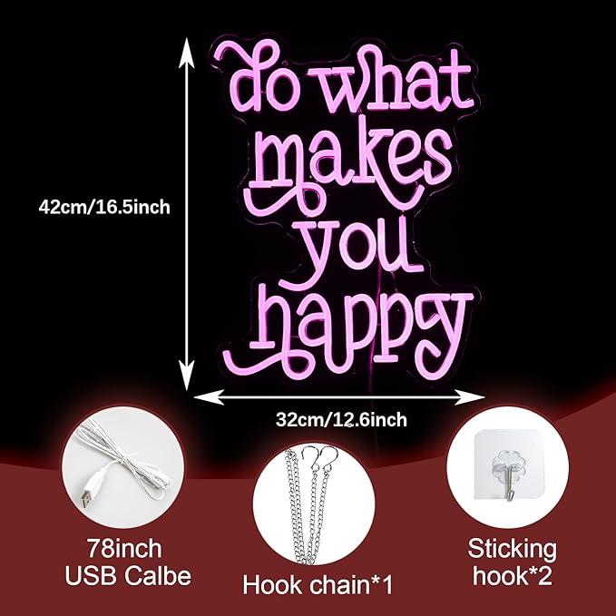 Do What Makes You Happy Neon Sign USB powered Pink Letters Led Neon Light for Wall Decor Dimmable Neon Light Up Sign for Bedroom Home Wedding Decor Gifts (16.5 * 12.6In)