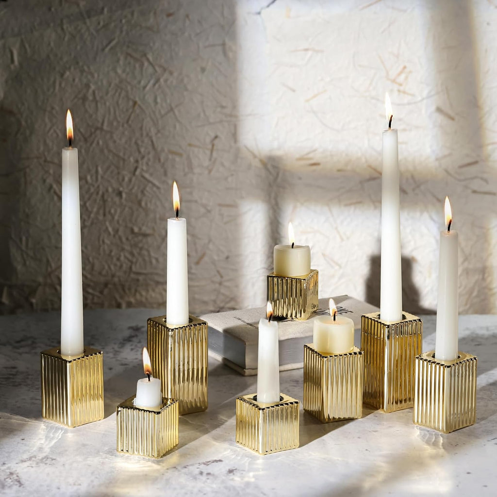 LETINE 12pcs Gold Vertical Stripe Glass Candlestick Holders - Chic Taper Candle Sticks Holder Set for Elegant Dining & Home Decor - Ideal for Christmas, Halloween, Thanksgiving