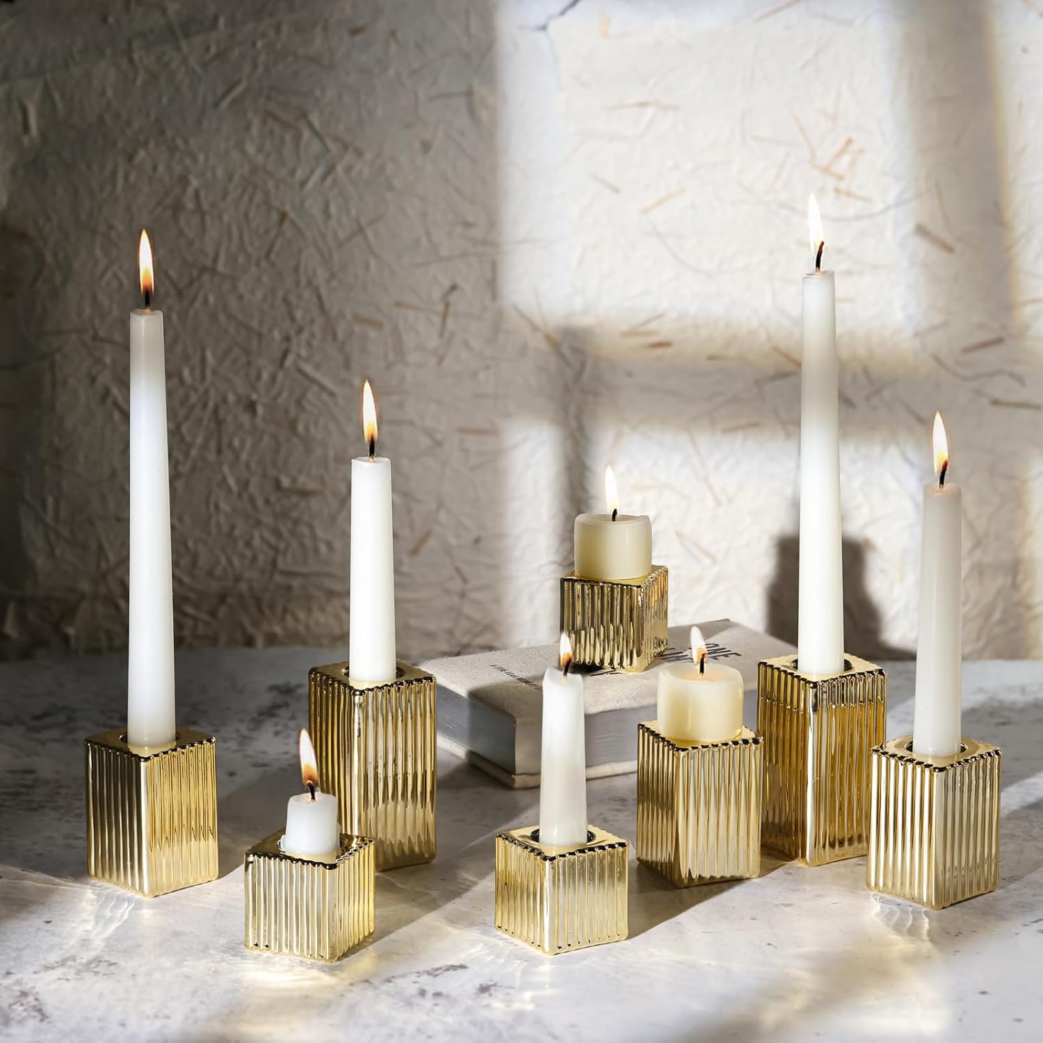 LETINE 12pcs Gold Vertical Stripe Glass Candlestick Holders - Chic Taper Candle Sticks Holder Set for Elegant Dining & Home Decor - Ideal for Christmas, Halloween, Thanksgiving