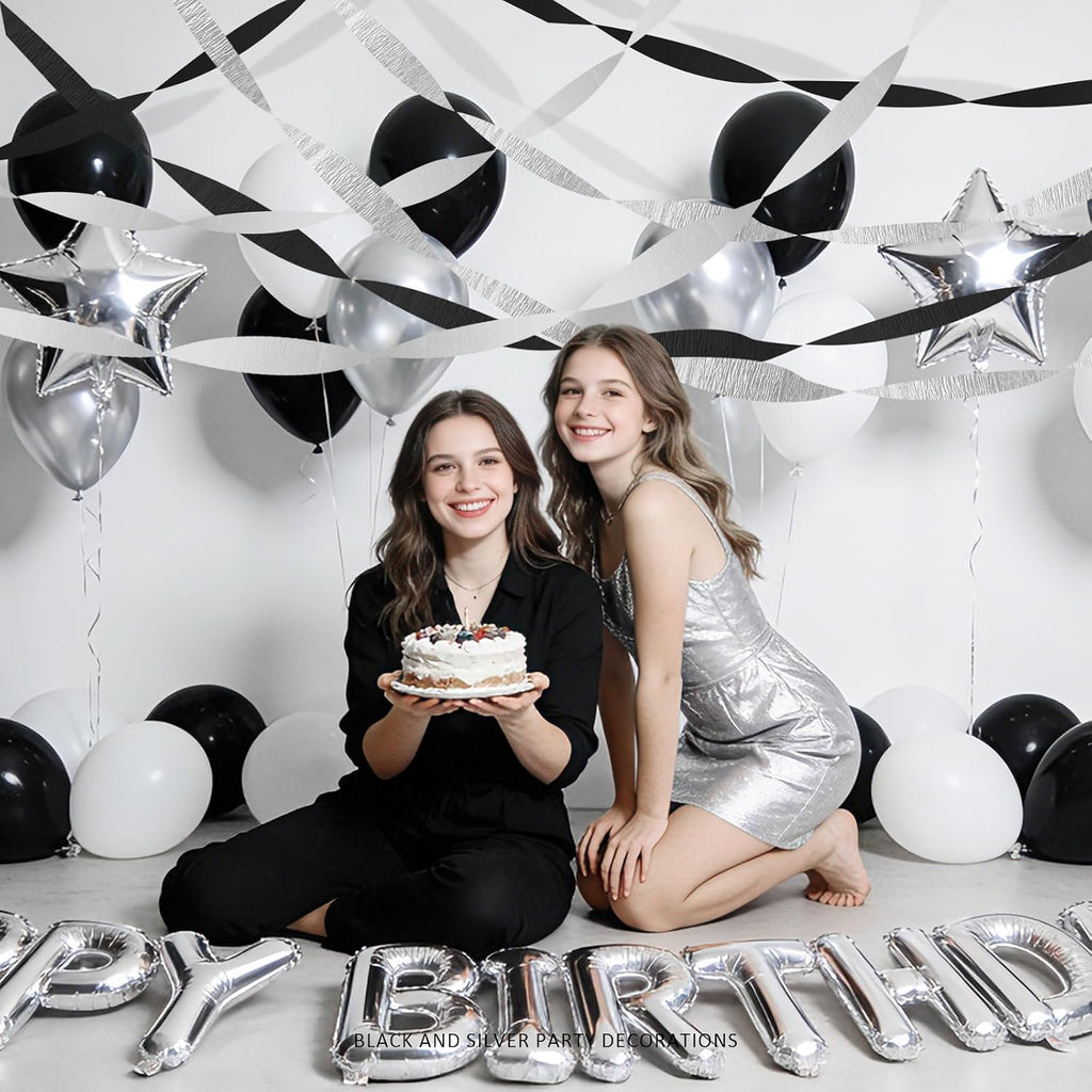 Black Silver White Crepe Paper Streamers - 6 Rolls Party Streamer Decorations for Graduation 2026, New Year's Eve, Birthday, Wedding, Retirement Party Supplies - Silver & Black Hanging Backdrop Decor