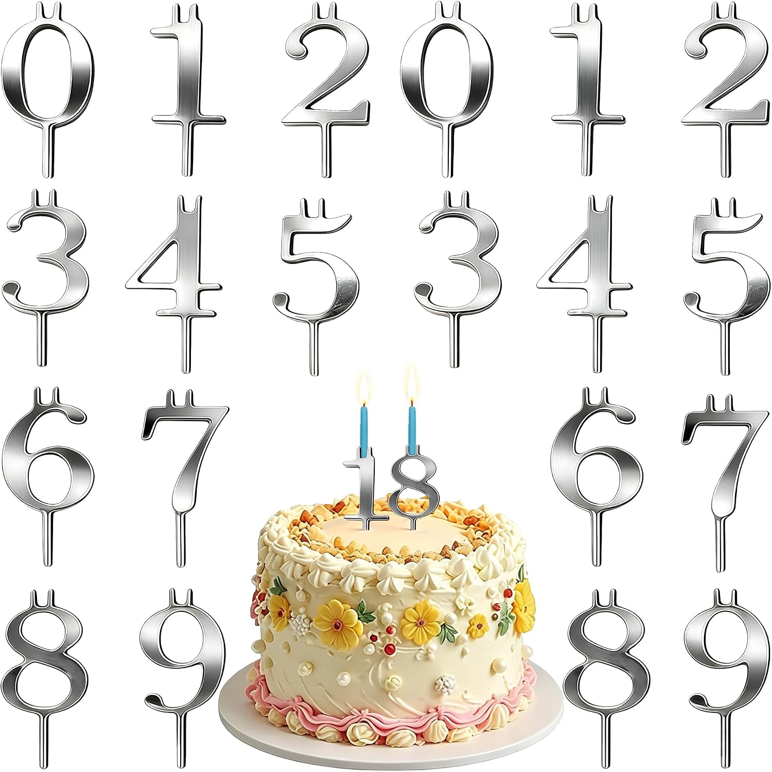 20PCS Reusable Number Candle Holder Set, Adjustable Metal Candle Holder Stand, Cake Topper Decorations for Birthday, Wedding, Anniversary Party, Stable & Heat-Resistant, Silver