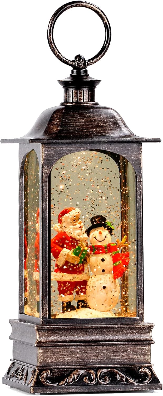 Christmas Snow Globe Lantern, Musical Snow Globe with Swirling Glitter, Battery Powered, Christmas Decorations Indoor for Home - Santa and Snowman