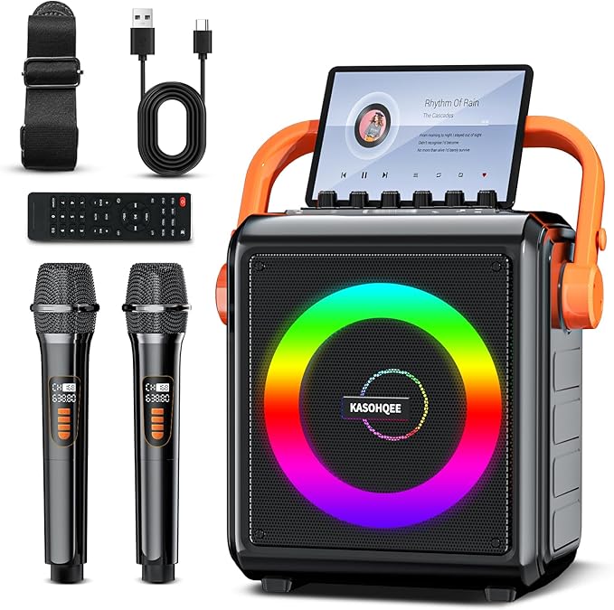 Karaoke Machine,8000mAh Portable Bluetooth Speaker with 2 Wireless Microphones for Adults & Kids,Microphone Speaker Set with Lights,Supports for TF Card,AUX in,FM,REC,for Parties,Outdoor,Home (HBL100)