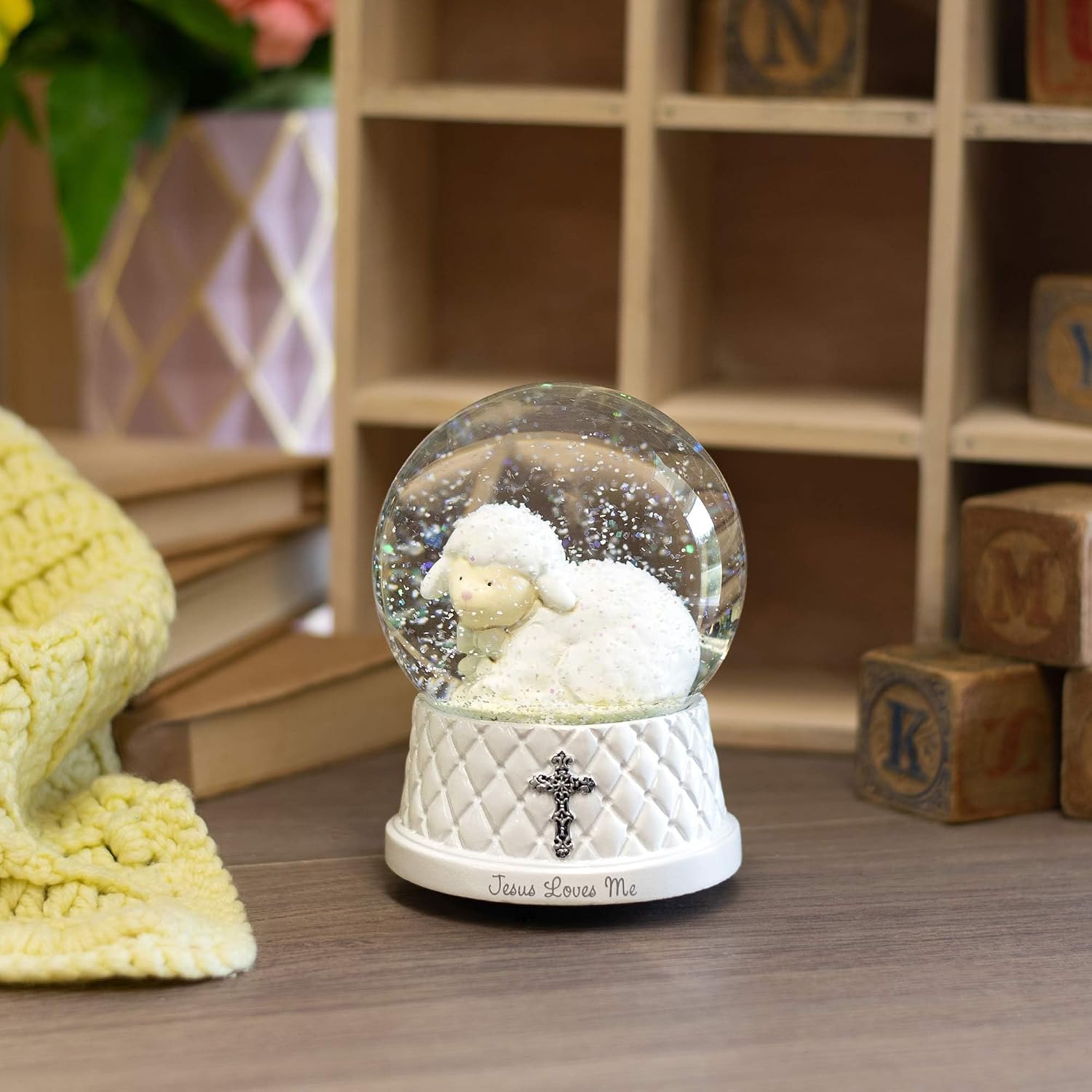DEMDACO Jesus Loves Me Musical Water Globe - Lamb Snow Globe - Baby Blessing Keepsake - Small Silver Cross - Religious Gift for Kids - Resin & Stone - Great for Blessings & Celebrations