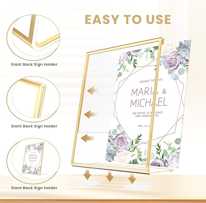 Acrylic Gold Frames 8 x10, Slanted Back Gold Picture Frames Table Acrylic Sign Holder for Photos Wedding Table Numbers and Art Display with Removable Clear Sticky Dots，6 Pack