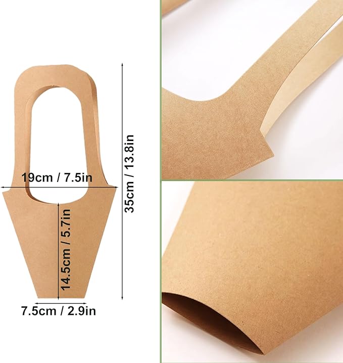 50 pc Kraft Paper Flower Bags with Handles Cones & Brown Bouquets - Shears, Thorn Remover, Floral Tape & Lace Ribbon (13.78Inches)