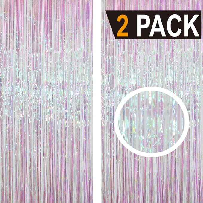 GOER 6.4 ft x 9.8 ft Metallic Tinsel Foil Fringe Curtains,Pack of 2 Party Streamer Backdrop for Unicorn Birthday,Graduation Decorations and New Year Eve (Iridescent)
