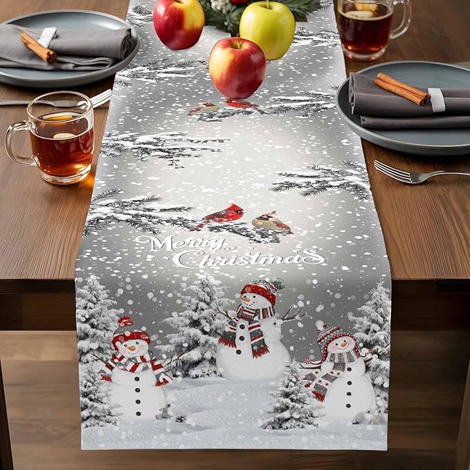 Christmas Snowman Cotton Linen Table Runner for Dining Kitchen, Snowflakes Xmas Pine Tree Wedding Outdoor Party Tablerunner Decoration Winter Bird Dresser Scarf Coffee Tablecloth Runners 13x48 Inches