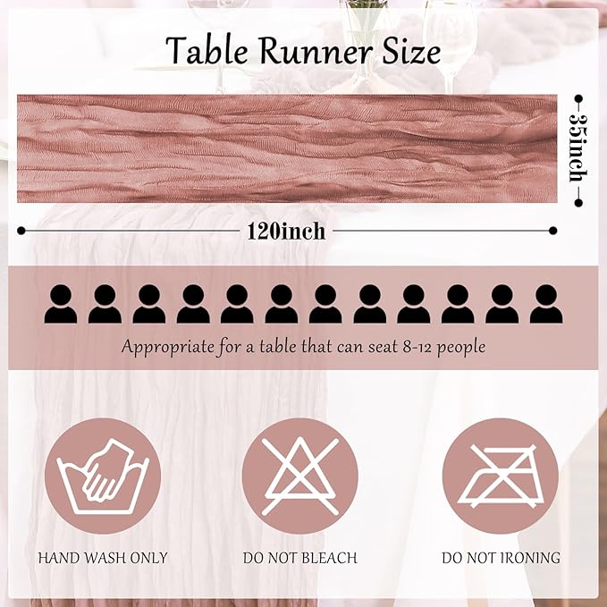 12-Pack Dusty Pink Cheesecloth Table Runners – 10FT (35x120 Inch) Boho Rustic Gauze Fabric Cheese Cloth Table Runner for Weddings, Baby Showers, Bridal Shower, Farmhouse & Birthday Party Decor