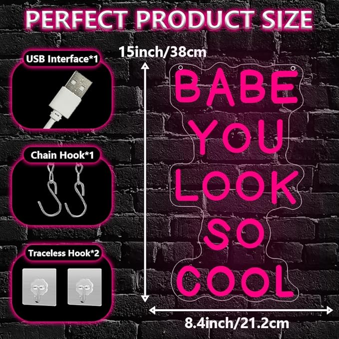 Babe You Look So Cool Neon Sign,Pink Dimmable LED Light Signs for Wall Art Decor,Backdrop for Game Room Bar Bedroom Club Party Man Cave,Gift for Boys Teen Men USB Powered（14.2"*8.4"）