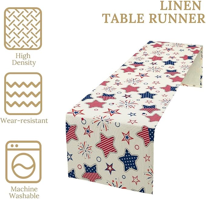 4th of July Table Runner, American Patriotic Independence Day Red Blue White Stars Stripes Fireworks Print Table Runner for Home Party Decor Kitchen Dining Table, 13x90inch