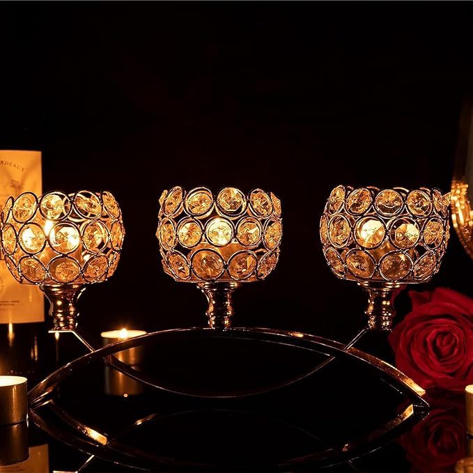 4Set Gold Crystal Candle Holders Decorative Candelabra for Wedding Centerpiece,Metal 3 Arms Candlesticks Holder Stand for Dining Table Living Room Home Decor, Party, Anniversary,Halloween,Christmas