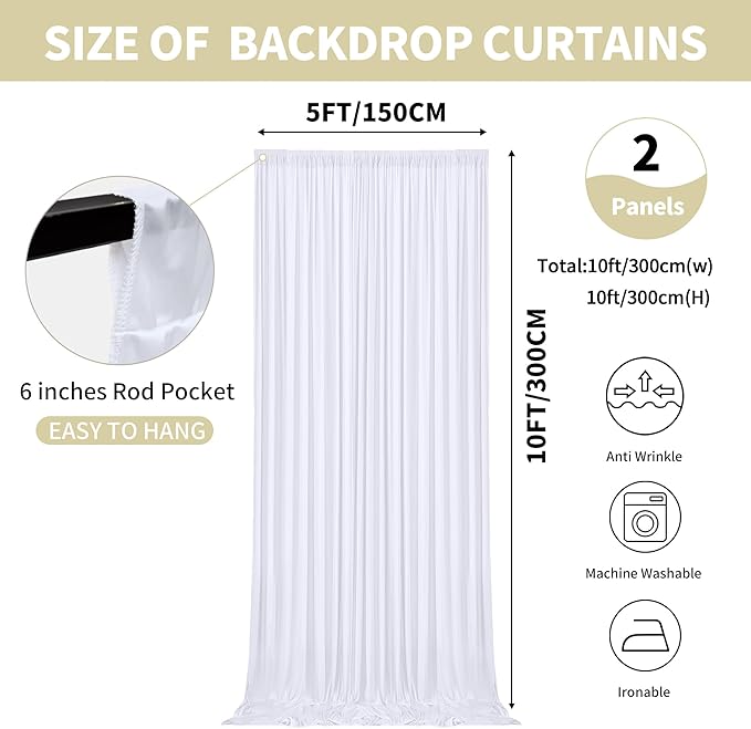 10x10ft Backdrop Curtains for Parties, 2 Panels 5x10ft Photography Backdrop Curtain with Rod Pocket,Backdrop Polyester Background Drapes,Wedding Backdrop Drapes for Birthday Baby Shower Home Decor