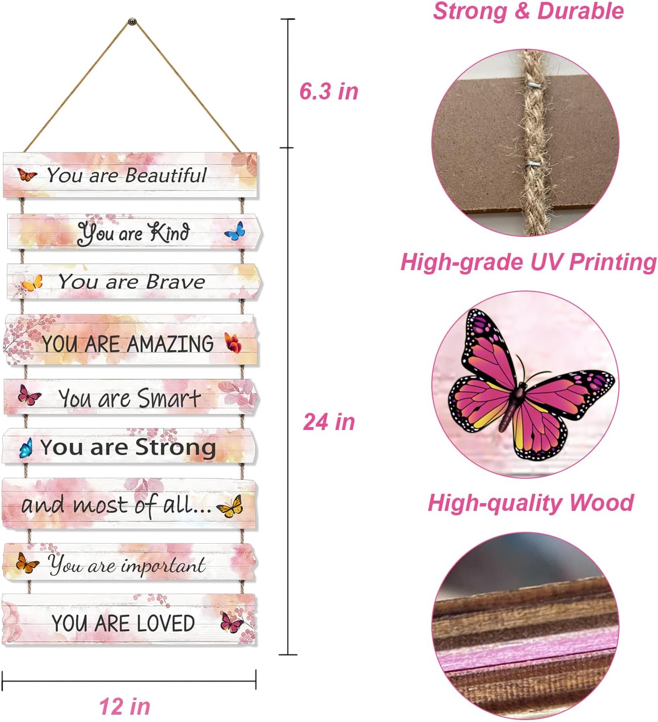 JEVUVU Butterfly Girls Room Decor, Pink Wall Decor for Baby Girl, Girl Bedroom Decor Art Signs, Trendy Stuff Decorations for Kids Nursery Bed Room Dorm Classroom Bathroom