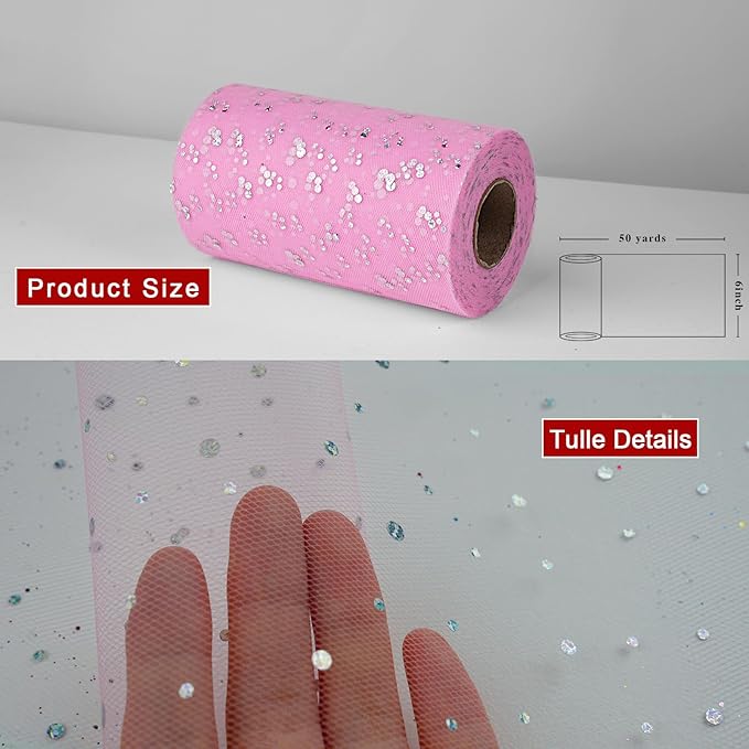 Glitter Tulle Rolls, 6' by 50 Yards (150FT) Sequin Tulle Netting Fabric for Tutu Skirts Sewing Birthday Wedding Party Decoration (Pink)