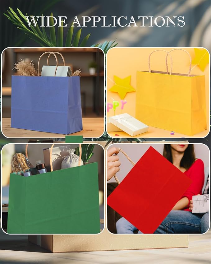 qiqee 100Pcs Wide Large Paper Gift Bags with Handles - 13"x4.5"x10" Kraft Small Party Bags - 16 Solid Colors
