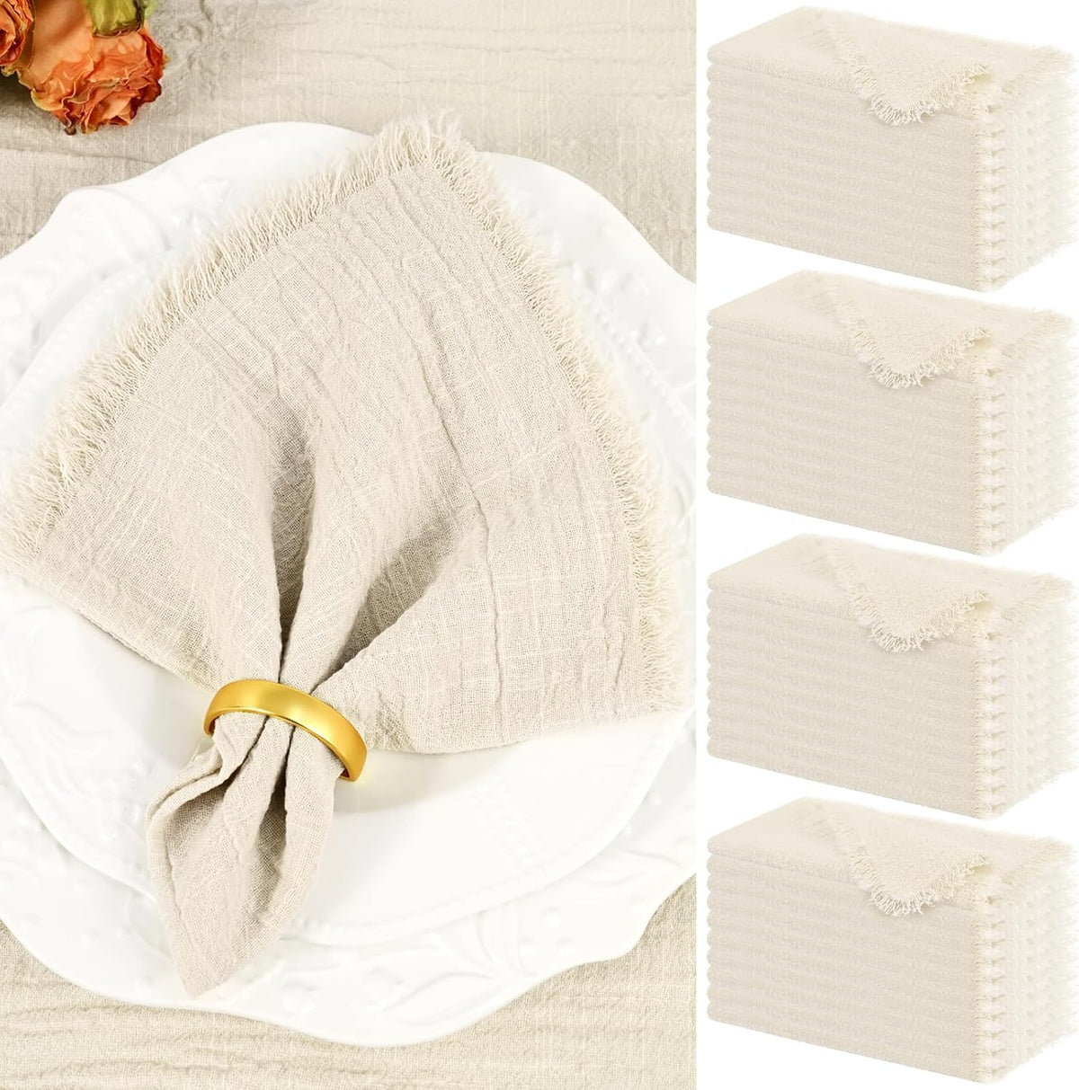 Showgeous 40 Pack Natural Cloth Napkins with Fringe 16x16 inch