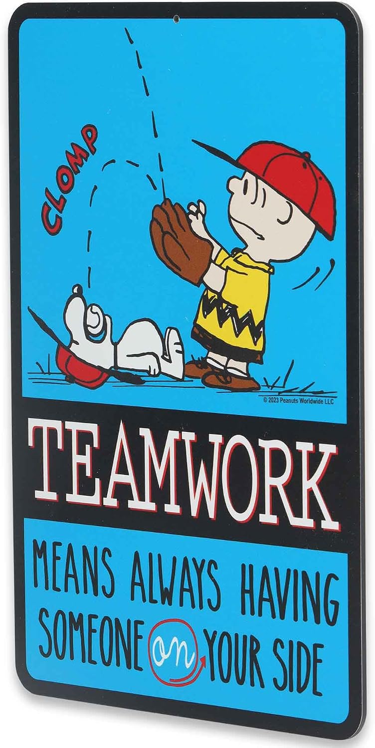 Peanuts Charlie Brown and Snoopy Baseball Teamwork Metal Sign - Fun Charlie Brown Sign for Kids' Bedroom or Classroom