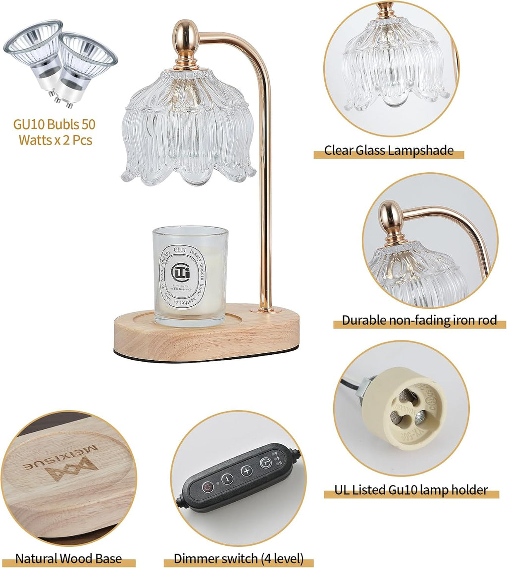 MEIXISUE Candle Warmer Lamp with Timer and Dimmer,Electric Gold Light Gifts for Women Melt Wax Warmer Lamp with 2 Bulbs for Candle Jars House Warming New Home Decor Bedroom