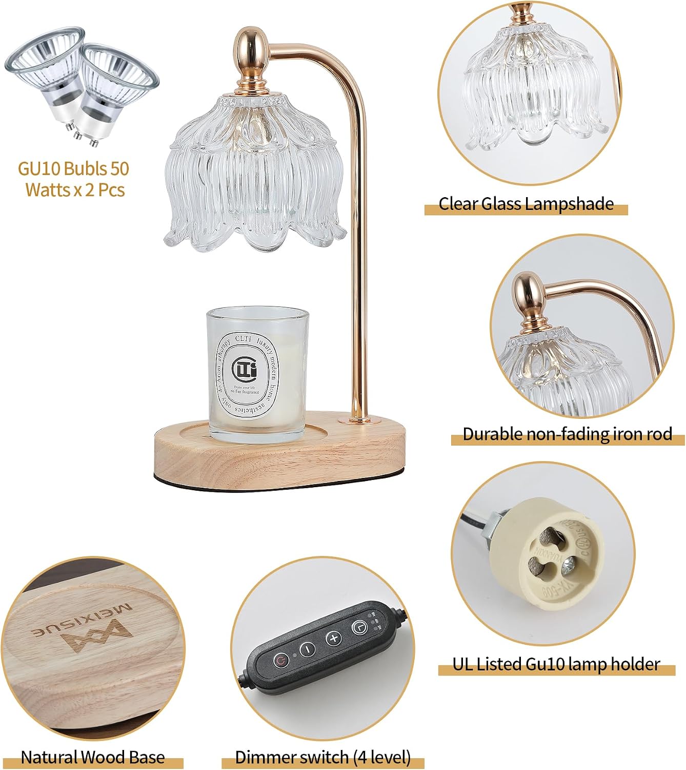 MEIXISUE Candle Warmer Lamp with Timer and Dimmer,Electric Gold Light Gifts for Women Melt Wax Warmer Lamp with 2 Bulbs for Candle Jars House Warming New Home Decor Bedroom