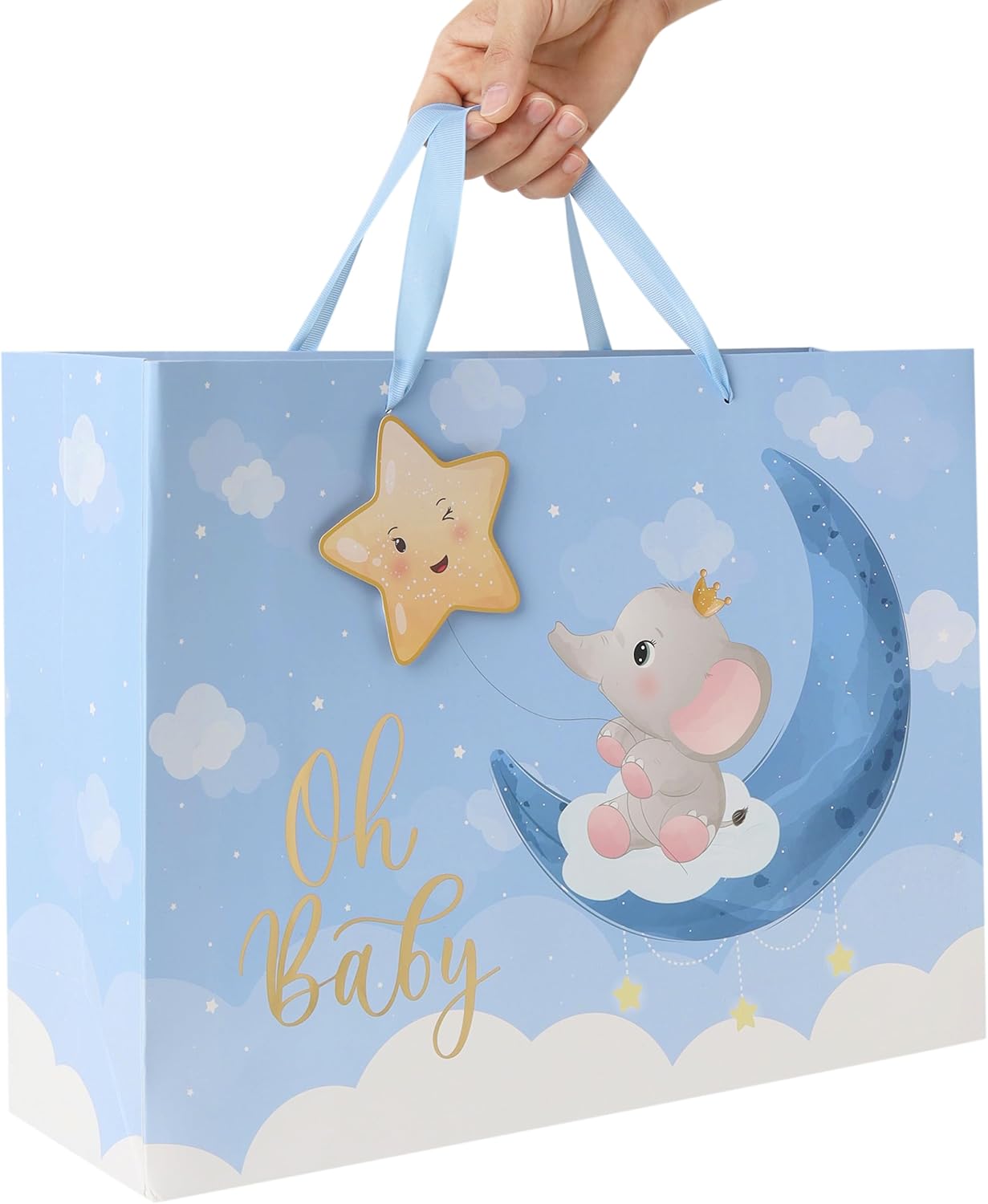 16.5'' Extra Large Baby Boy Gift Bag Set with Handles, Greeting Card, Blue Tissue Papers and Stickers for Boys Kids for Baby Shower, Boys' Birthday Party, Newborn, New Moms, Little One, 1st Baby, Elephant and 3D Star Design, 1 Pcs