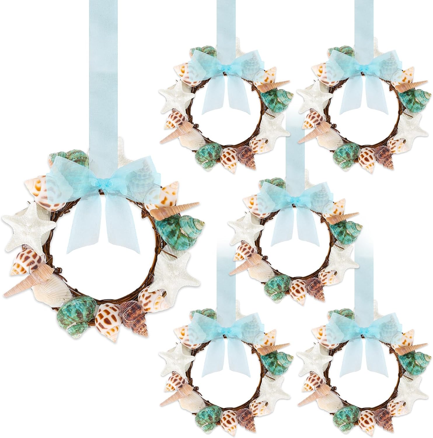 6 Pcs Summer Seashell Mini Starfish Wreath with Ribbon Beach Pillar Candle Holder Natural Shell Hanging Wreath for Front Door Ocean Cruise Wedding Parade Window Fireplace