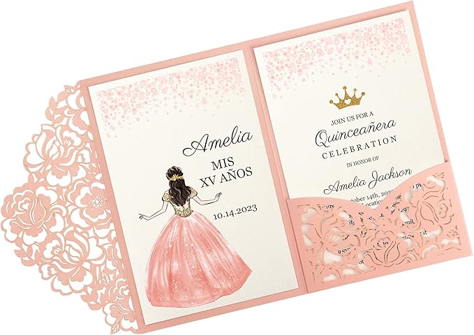 DORIS HOME 50pcs Laser Cut Quinceanera Invitations Pink, 4.7x7.1 Personalized Quince Invitations for 15th Birthday, Invitation cards for Sweet 16 with Envelopes