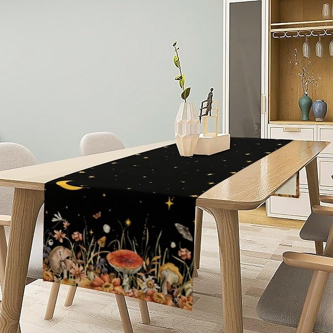 Mushroom Kitchen Table Runner, Gothic Moon Star Plants Witchy Moonlit Flower Butterfly Table Runner for Kitchen Party Living Room Drapes, 13x60 Inch Black