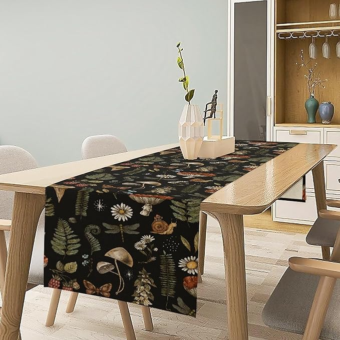 Mushroom Table Runner,Retro Forest Plant Table Runner for Kitchen Dining Table Home Party Decoration 13x72 Inch